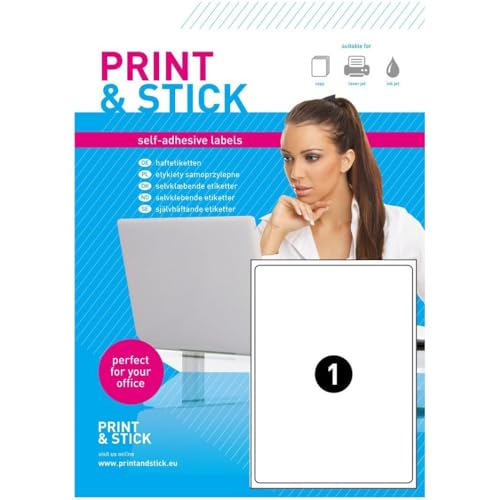 Universal Etiketten 210 x 297mm Bedruckbar Selbstklebend auf DIN A4 Bogen (Bogen mit umlaufendem Rand) 50 Blatt von Print&Stick
