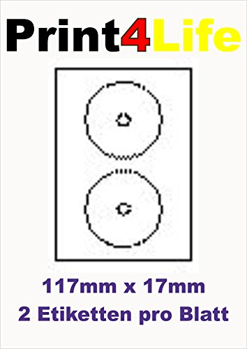 100 CD - DVD Labels - Etiketten - Aufkleber, selbstklebend; 50 Blatt mit je 2 Labels/Etiketten. Hochweiß; kleines Mittelloch; Außenring : 117 mm; Innenring : 17 mm von Print4Life