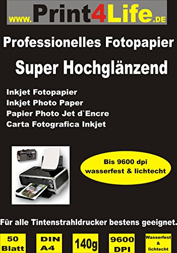 Print4Life – 50 Blatt Fotopapier DIN A4, 140g/qm, high -glossy (hoch-glänzend) -sofort trocken -wasserfest-hochweiß-sehr hohe Farbbrillianz, für InkJet Drucker (Tintenstrahldrucker) von Print4Life