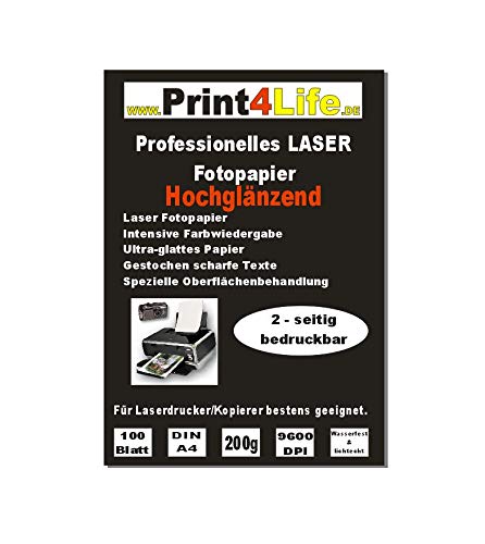 Print4Life 100 Blatt DIN A4 200g/m² BEIDSEITIG hochglänzendes Fotopapier (High Glossy) für Laserdrucker/Kopierer von Print4Life