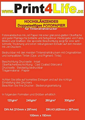 Print4Life 50 Blatt DIN A3 Fotopapier 300g /m² doppelseitig hochglänzend wasserfest lichtecht bis 9600 DPI bedruckbar Beidseitig beschichtet Print4Life 50 Blatt DIN A3 Fotopapier 300g /m² doppelseitig hochglänzend wasserfest lichtecht bis 9600 DPI bedruckbar Beidseitig beschichtet von Print4Life