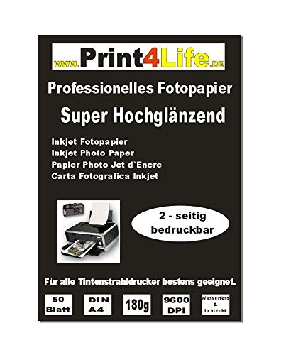 P4L – 50 Blatt Fotopapier BEIDSEITIG DIN A4, 180g/qm, high -glossy (hoch-glänzend) -sofort trocken -wasserfest-hochweiß-sehr hohe Farbbrillianz, für InkJet Drucker (Tintenstrahldrucker) von Print4Life