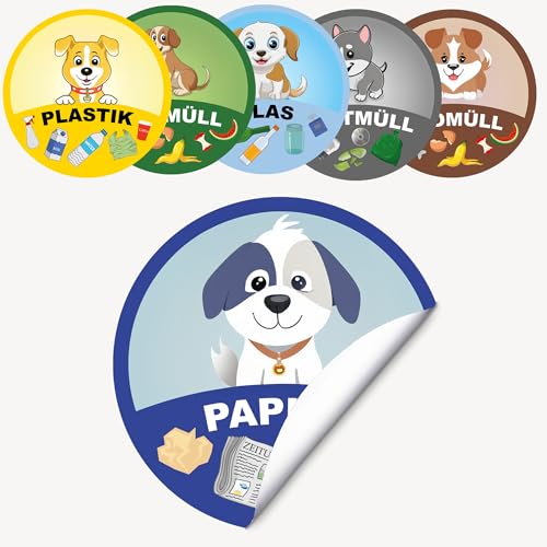 P014 Mülltrennungsaufkleber Katzen – 6er Set Recycling Sticker für Mülleimer & Tonnen Umweltfreundlich & Made in Germany Wetterfest & langlebig Ideal für Kinder (V2 Hunde 10cm Rund) von PrintAttack