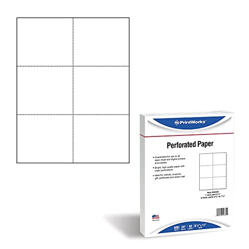 PrintWorks Professionelles perforiertes Papier für Tickets, Coupons, Zertifikate und mehr, 8,5 x 11 cm, 10,9 kg, 3 Perfs – 9 cm und 19 cm von unten und 10,2 cm von links, 500 Blatt, weiß (04334) von PrintWorks
