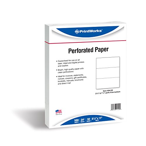 PrintWorks Professionelles perforiertes Papier für Kontoauszüge, Rechnungen, Geschenkgutscheine, Gutscheine und mehr, 8,5 x 11, 10,9 kg, 2 horizontale Perfektionen 8,5 cm und 19,5 cm von unten, 500 PrintWorks Professionelles perforiertes Papier für Kontoauszüge, Rechnungen, Geschenkgutscheine, Gutscheine und mehr, 8,5 x 11, 10,9 kg, 2 horizontale Perfektionen 8,5 cm und 19,5 cm von unten, 500 von PrintWorks