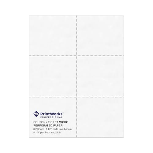 PrintWorks Professionelles perforiertes Papier für Tickets, Coupons, Zertifikate und mehr, 8,5 x 11 cm, 10,9 kg, 3 Perfs – 9 cm und 19 cm von unten und 10,2 cm von links, 500 Blatt, weiß (04334) von PrintWorks