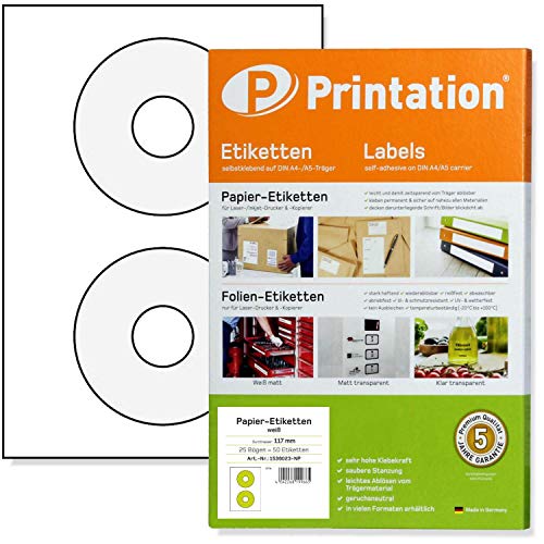 CD DVD Etiketten weiß selbstklebend rund blickdicht bedruckbar - 50 Aufkleber/Sticker auf 25 Blatt DIN A4 Papier - Durchmesser 117 mm - MADE IN GERMANY von Printation