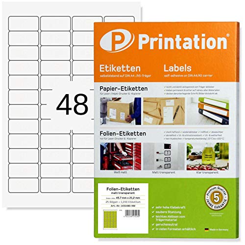 Printation Folien-Etiketten transparent matt 45,7 x 21,2 mm wasserfest - 1200 Etiketten wasserfest selbstklebend mit Laser Drucker bedruckbar - 25 DIN A4 Bogen mit 48 Klebeetiketten zum bedrucken 4x12 von Printation