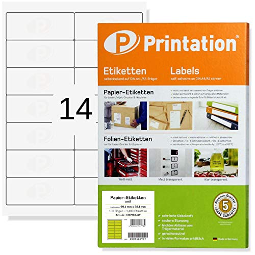 Etiketten 99,1 x 38,1 mm selbstklebend blanko weiß bedruckbar - Adressetiketten - 350 Labels/Sticker auf 25 DIN A4 Bogen 2x7 - L7163 4678 von Printation