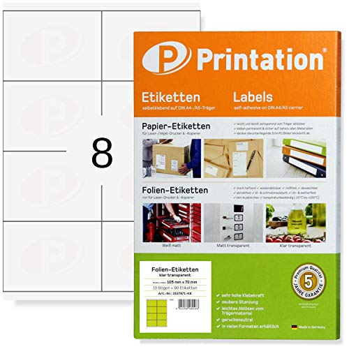 Printation Folienetiketten transparent klar 105 x 70 mm - 80 Etiketten selbstklebend - 8 Aufkleber wetterfest pro A4 Bogen 2x4 / 10 Blatt - Klebe-Folie A4 glasklar bedruckbar mit Laser-Drucker Printation Folienetiketten transparent klar 105 x 70 mm - 80 Etiketten selbstklebend - 8 Aufkleber wetterfest pro A4 Bogen 2x4 / 10 Blatt - Klebe-Folie A4 glasklar bedruckbar mit Laser-Drucker von Printation