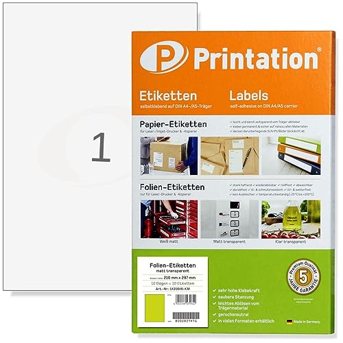 Printation 210 x 297 mm Etiketten selbstklebend A4 wasserfest - 10 Folienetiketten transparent matt auf DIN A4 210x297 1x1 1 Etikett pro Seite - bedruckbare Klebefolie nur mit Laser Drucker bedruckbar von Printation