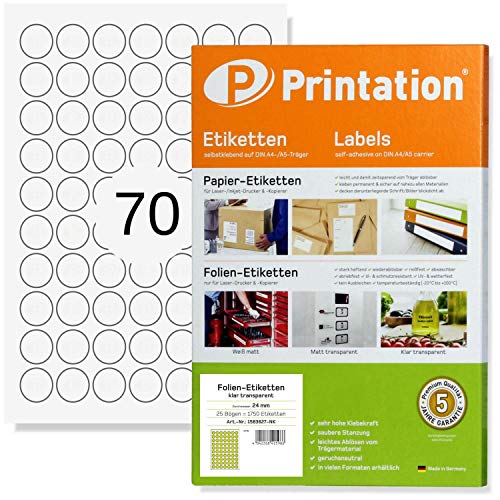 Printation Folienetiketten rund 24 mm, Etiketten rund 24mm klar - 1750 durchsichtige Klebepunkte/Verschlussetiketten selbstklebend transparent bedruckbar glasklar 25 DIN A4 Bogen/70 Sticker pro Blatt Printation Folienetiketten rund 24 mm, Etiketten rund 24mm klar - 1750 durchsichtige Klebepunkte/Verschlussetiketten selbstklebend transparent bedruckbar glasklar 25 DIN A4 Bogen/70 Sticker pro Blatt von Printation