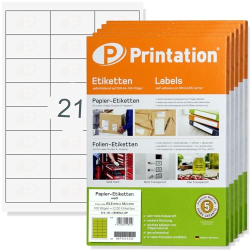 Printation 10500 Adress-Etiketten für C6 Briefumschläge 63,5 x 38,1 mm selbstklebend weiß bedruckbar 63,5x38,1 Adressetiketten auf 500 DIN A4 Bogen 3x7 abgerundete Ecken - 4677 LA320 L7160 3422 Z54 von Printation