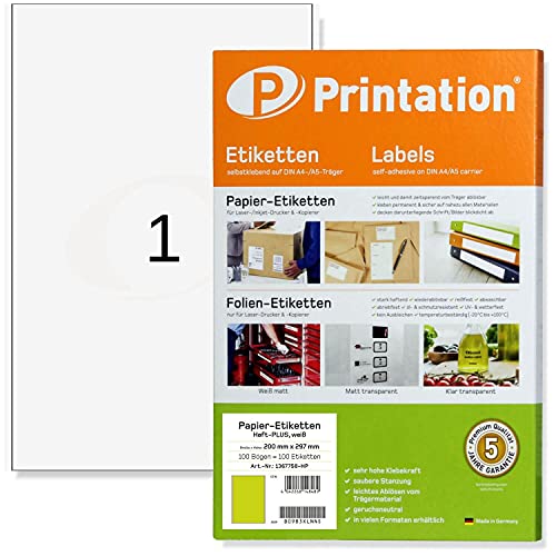 Printation 200 x 297 mm Power Etiketten Haft-PLUS stark haftend, selbstklebend bedruckbar, 100x DIN A4 100 200x297 1x1 Universal Klebeetiketten weiß - Papier Haftetiketten Etikettenpapier Aufkleber von Printation