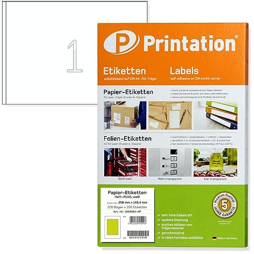 Printation 210x148 mm A5 Power Etiketten Haft-PLUS stark haftend, selbstklebend bedruckbar, 200x DIN A5 1x1, 200 210 x 148 Klebeetiketten weiß - DHL Paket-Aufkleber Versand-Etiketten Adress-Etiketten von Printation