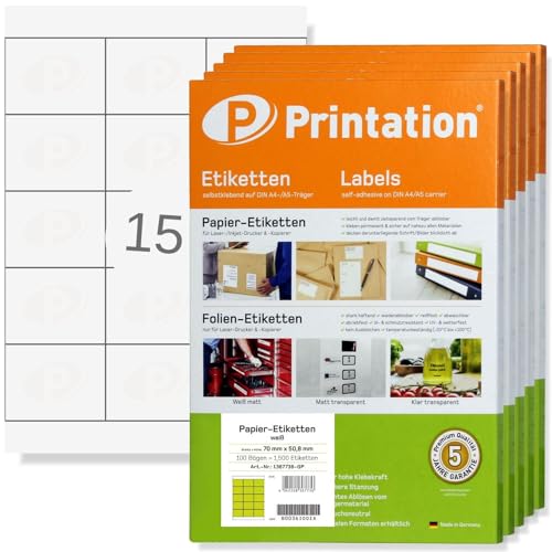 Printation Disketten, Buch Marmeladen Etiketten 70 x 50,8 mm selbstklebend blanko weiß - 7500 Stk 70x50,8 auf 500 A4 Bogen 3x5 bedruckbar - Etikettenpapier/Aufkleber 3669 4278 5055 LA135 von Printation