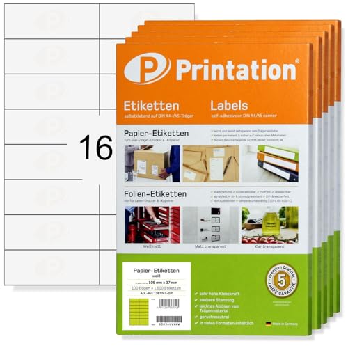 Printation Etiketten 105 x 37 mm - 8000 Aufkleber auf 500 Blatt DIN A4-2x8 16 105x37 Universal Labels blanko weiß selbstklebend - 3484 4462 4620 Papier Klebe-Etiketten zum beschriften/bedrucken von Printation