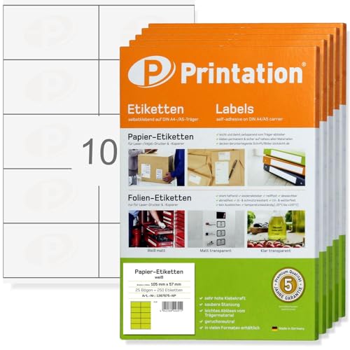 Printation Etiketten 105 x 57 mm - 5000 Aufkleber auf 500 Blatt DIN A4-2x5 10 105x57 Universal Labels blanko weiß - Adressetiketten Klebeetiketten bedruckbar 3425 4425 LA161 von Printation