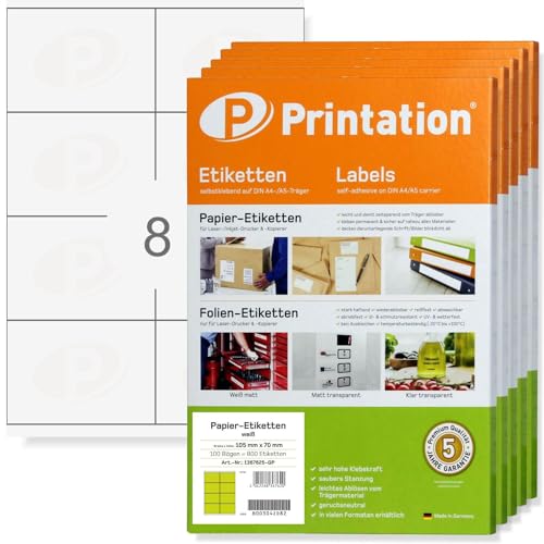 Printation Etiketten 105 x 70 mm 4000 Stück selbstklebend weiß blanko bedruckbar - 500 DIN A4 Bogen à 2x4 8 105x70 A7 Labels/Aufkleber - Klebeetiketten/Haftetiketten 3426 4426 LA162 von Printation