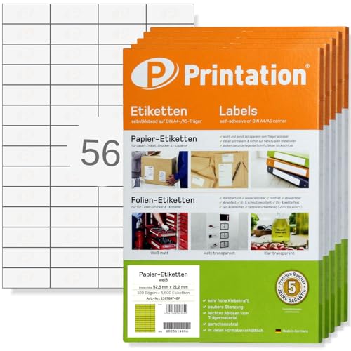 Printation Etiketten 52,5 x 21,2 mm weiß selbstklebend bedruckbar - 28000 Aufkleber auf 500 DIN A4 Bogen à 4x14 52,5x21,2 Universal Labels - Drucker Klebepapier/Haftetiketten 3668 4273 5053 5080 LA110 von Printation