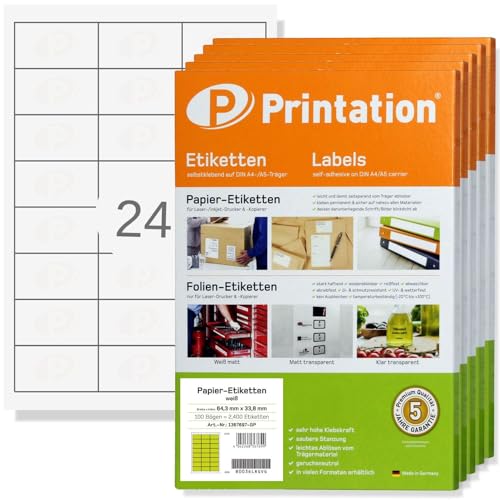 Printation Etiketten 64,3 x 33,8 mm selbstklebend blanko weiß bedruckbar - 12000 Stk 64,3x33,8 Labels auf 500 DIN A4 Bogen 3x8 - Klebeetiketten/Adressetiketten zum bedrucken 3658 Amazon FBA von Printation