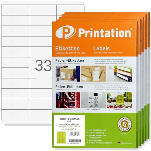 Printation Etiketten 70 x 25,4 mm für Kennzeichnungen selbstklebend weiß bedruckbar - 16500 70x25,4 Universal Labels auf 500 DIN A4 Bogen 3x11 - Adressetiketten zum beschriften 3421 4455 LA121 von Printation