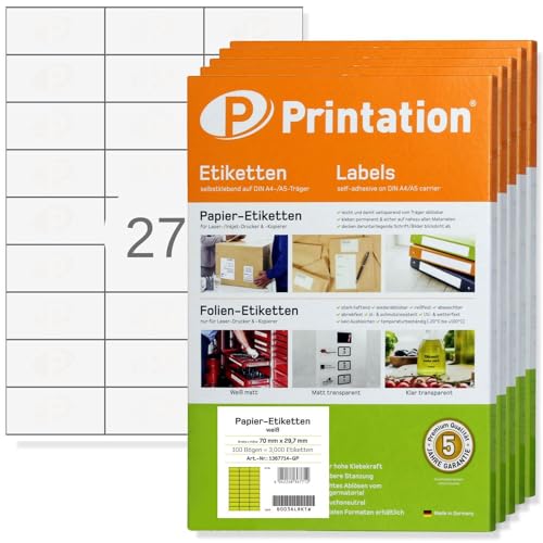 Printation Etiketten 70 x 32 mm blanko weiß 13500 Klebeetiketten 500 DIN A4 Bogen à 3x9 70x32 Labels permanent selbstklebend bedruckbar - Universal Haftetiketten 3479 4450 4440 LA123 von Printation