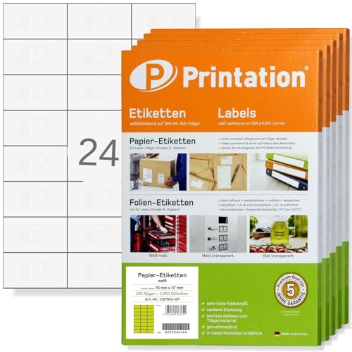 Printation Etiketten 70 x 37 mm 12000 Stück weiß selbstklebend - 500 DIN A4 Bogen á 3x8 24 70x37 Adressetiketten Internetmarke bedruckbar - Labels/Klebeetiketten 3474 4453 4615 LA133 FBA von Printation