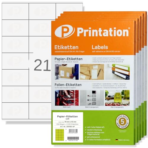 Printation Etiketten 70 x 41 mm 10500 Stück selbstklebend blanko weiß zum bedrucken - 500 DIN A4 Bogen à 3x7 21 70x41 Adressetiketten/Internetmarke bedruckbar - Labels/Klebeetiketten 3481 4473 von Printation