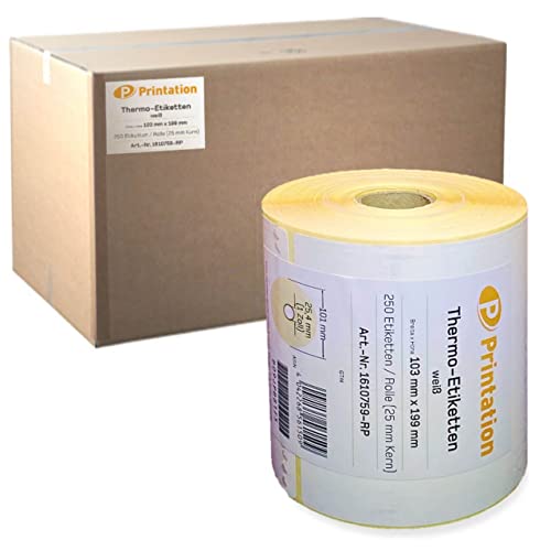 Printation Versandetiketten 103 x 199 mm weiß DHL, DPD, GLS, UPS - 6000 103x109 Etiketten - 250 Thermo ECO Thermoetiketten je Rolle - Thermodirekt permanent Paketaufkleber - 1 Zoll / 25mm Kern von Printation