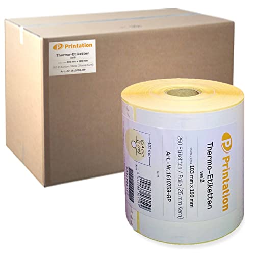 Printation Versandetiketten 103 x 199 mm weiß DHL, DPD, GLS, UPS - 9000 103x199 Labels - 250 Thermo-Etiketten pro Rolle - Thermodirekt permanent Paketaufkleber - 1 Zoll / 25mm Kern - 910-300-600 von Printation