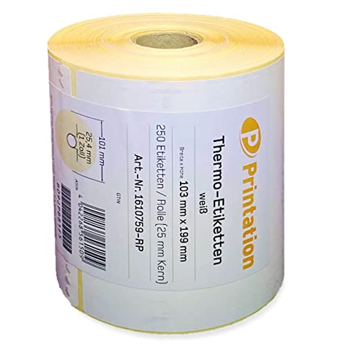 Printation Versandetiketten 103 x 199 mm weiß DHL, DPD, GLS, UPS - eine Rolle mit 250 103x199 mm Thermo-Etiketten - Thermodirekt permanent Paketaufkleber - 1 Zoll / 25mm Kern von Printation