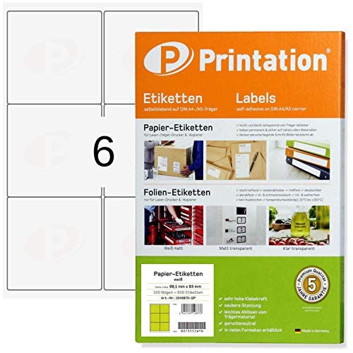 Printation 99,1 x 93 mm Universal Etiketten selbstklebend bedruckbar - 600 Adressetiketten selbstklebend weiß 99,1x93 Labels auf 100 DIN A4 Bogen 2x3 - Etiketten 6 pro Blatt abgerundete Ecken 99x93 von Printation