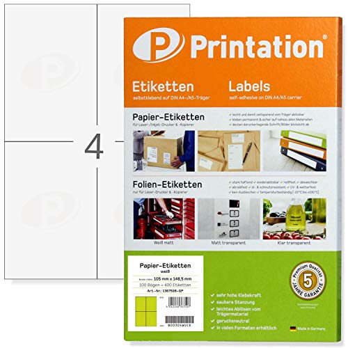 Printation Universal Etiketten 105 x 148 mm, 400 Versandetiketten selbstklebend, 4 Etiketten Selbstklebend A6 pro Blatt, 100 Blatt A4, Versandetiketten selbstklebend, Versand-Aufkleber zum Bedrucken Printation Universal Etiketten 105 x 148 mm, 400 Versandetiketten selbstklebend, 4 Etiketten Selbstklebend A6 pro Blatt, 100 Blatt A4, Versandetiketten selbstklebend, Versand-Aufkleber zum Bedrucken von Printation