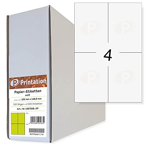 Printation Etiketten selbstklebend 105 x 148 mm - 500 A4 Blätter Bigpack / 4 Etiketten bedruckbar weiß pro Blatt 2x2 105x148 DIN A6-2000 Labels Versandaufkleber Versand-Etiketten Klebeetiketten Printation Etiketten selbstklebend 105 x 148 mm - 500 A4 Blätter Bigpack / 4 Etiketten bedruckbar weiß pro Blatt 2x2 105x148 DIN A6-2000 Labels Versandaufkleber Versand-Etiketten Klebeetiketten von Printation