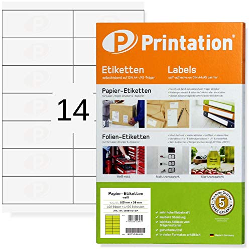 Universal Etiketten 1400 Sticker 105 x 39 mm weiß selbstklebend bedruckbar - 100 DIN A4 Bogen á 2x7 105x39 Labels 4654 DP143 LA155 von Printation
