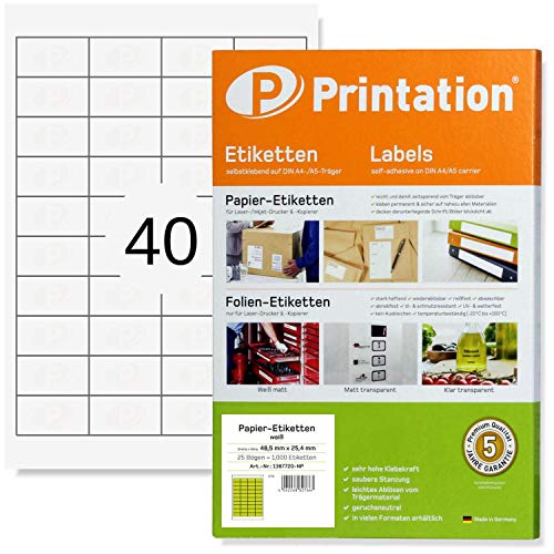 Printation Universal Etiketten 48,5 x 25,4 mm selbstklebend weiß bedruckbar - 1000 Labels/Sticker 48,5x25,4 auf 25 DIN A4 Bogen 4x10 40 - Klebepapier 3657 4780 4474 von Printation
