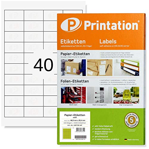 Printation Universal Etiketten 48,5 x 25,4 mm 40 selbstklebend weiß bedruckbar - 4000 Labels 48,5x25,4 4x10 auf 100 DIN A4 Bogen - Klebeetiketten/Aufkleber 3657 4780 4474 von Printation