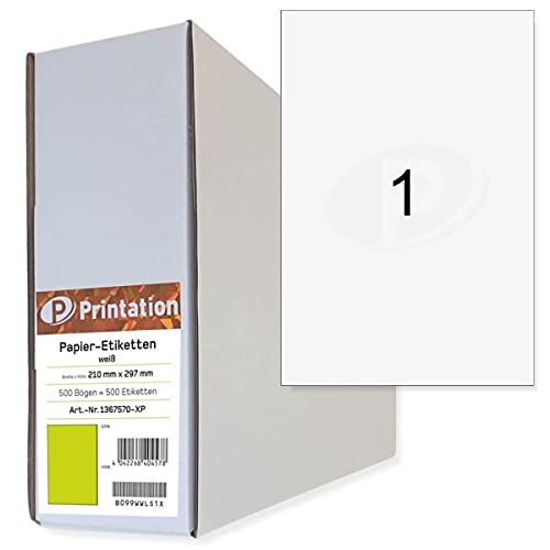 Printation 210 x 297 mm Universal Etiketten selbstklebend A4 weiß bedruckbar - 500 DIN A4 Bogen à 1x1 210x297 Klebepapier A4 bedruckbar - 3478 6119 4631 Klebeetiketten/Haftetiketten von Printation