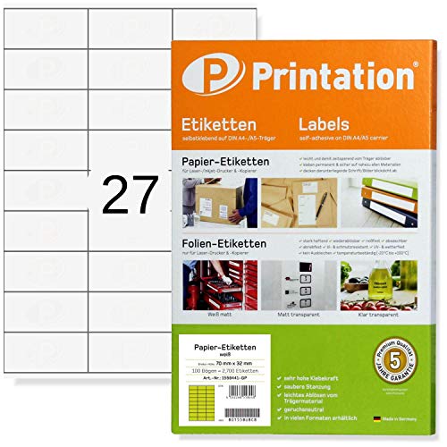 Universal Etiketten 70 x 32 mm weiß 675 Klebeetiketten 25 DIN A4 Bogen à 3x9 70x32 Labels/Sticker permanent selbstklebend von Printation