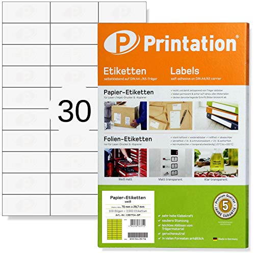 Printation Etiketten Selbstklebend 70 x 29,7 mm - 750 Adressetiketten selbstklebend, 30 Klebeetiketten zum Bedrucken Pro A4 Bogen, 25 Blatt - Universal-Aufkleber für Laser/Inkjet/Kopierer 70x29,7 3x10 von Printation
