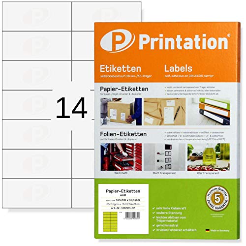 Universal Etiketten zum Auszeichnen - 350 Stück 105 x 42,4 mm selbstklebend weiß bedruckbar - 25 A4 Bogen à 2x7 Aufkleber/Sticker - 3653 von Printation