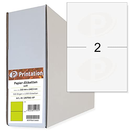 Universal Versand-Etiketten 1000 Stk. 210 x 148,5 mm weiß permanent selbstklebend - 500 A4 Bogen Großpack à 1x2 DIN A5 Adress-Aufkleber/Klebeetiketten - Internetmarke DHL Paket 3655 4628 von Printation