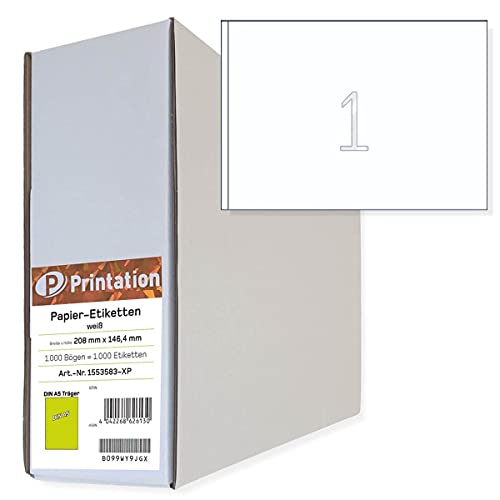 Printation Versand-Etiketten A5 210 x 148 mm - 1000 DHL Etiketten selbstklebend 210x148 auf 1000 DIN A5 Bogen 1x1 - Bigpack Haftetiketten/Klebeetiketten Paketaufkleber - Adressetiketten selbstklebend von Printation
