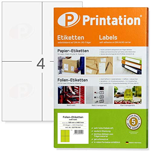 Weiße Folien-Etiketten 105 x 148,5 mm WETTERFEST matt weiß auf DIN A4 Bogen - 2 x 2 Labels/Seite - 100 Folienetiketten 105x148,5 selbstklebend mit Laser Drucker bedruckbar von Printation
