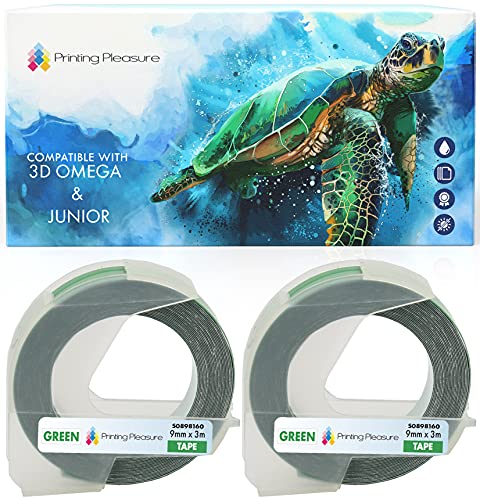 2er Pack Selbstklebenden Etiketten 3D weiß auf grün Prägeband 9mm x 3m, Kunststoff, kompatibel für DYMO Omega und Junior Etikettenprägegerät von Printing Pleasure