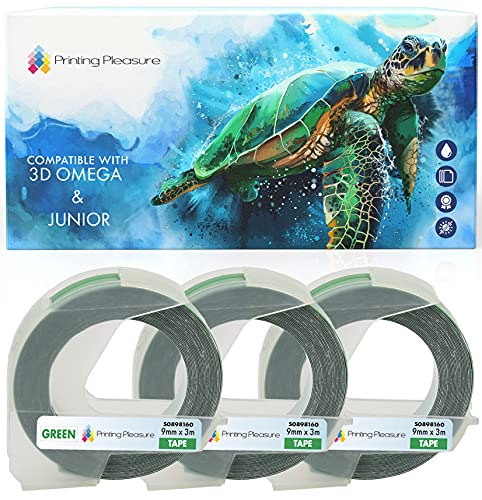3er Pack Selbstklebenden Etiketten 3D weiß auf grün Prägeband 9mm x 3m, Kunststoff, kompatibel für DYMO Omega und Junior Etikettenprägegerät von Printing Pleasure