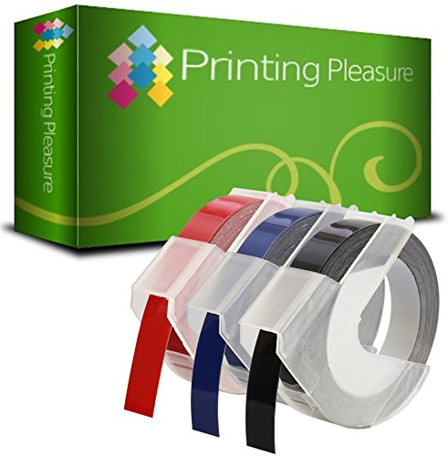 3er Pack schwarz/blau/rot Selbstklebenden Etiketten 3D Prägeband 9mm x 3m, Kunststoff, kompatibel für DYMO Omega und Junior Etikettenprägegerät von Printing Pleasure