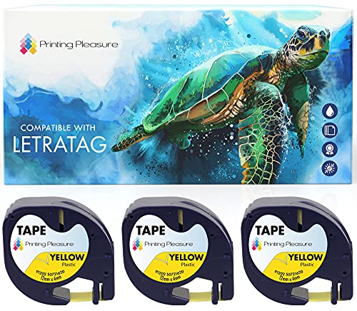 3x Schriftband kompatibel für Dymo LetraTag 91202 Schwarz auf Gelb (12mm x 4m), Kunststoff, laminiert, für Dymo LetraTag LT-100H, LT-100T, LT-110T, QX 50, XR, XM, 2000, Plus Etikettendrucker von Printing Pleasure