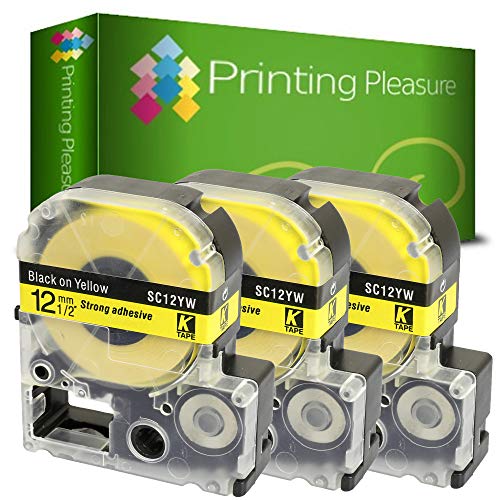 3x Schriftband kompatibel für Epson AC12YW Schwarz auf Gelb (12mm x 8m) für Epson LabelWorks LW-300, LW-400, LW-500, LM-700, LW-900P, KingJim TepraPro Etikettendrucker von Printing Pleasure